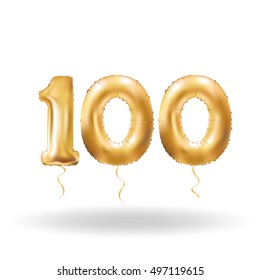 Golden number hundred metallic balloon. Party decoration golden balloons. Anniversary sign for happy holiday, celebration, birthday, carnival, new year. Metallic design balloon.