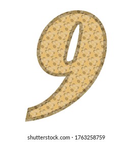 Golden Number Nine. Number Nine With Flower Pattern Vector Illustration. Number Nine With Flower Texture Isolated On White Background