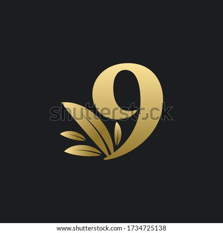 Golden Number Nine logo with gold leaves. Natural number 9 logo with gold leaf.