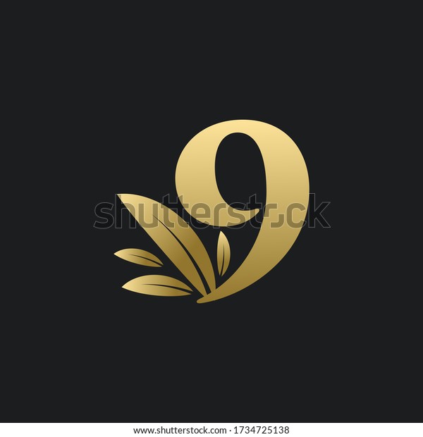 Golden Number Nine logo with gold leaves. Natural\
number 9 logo with gold\
leaf.