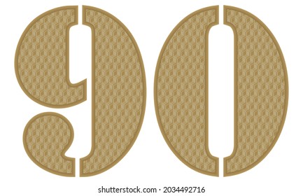 Golden Number Ninety With 3D Pattern Vector Illustration. Number 90 With Geometric Texture Isolated On White Background
