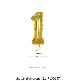 Golden number one 1 first metallic balloon. Party decoration golden balloons. Anniversary sign for happy holiday, celebration, birthday, carnival, new year. Metallic design balloon.