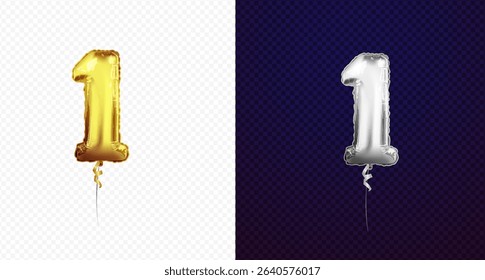 Golden number one 1 first metallic balloon. Party decoration silver balloons. Anniversary sign for happy holiday, celebration, birthday, carnival, new year. Metallic design balloon.