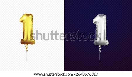 Golden number one 1 first metallic balloon. Party decoration silver balloons. Anniversary sign for happy holiday, celebration, birthday, carnival, new year. Metallic design balloon.
