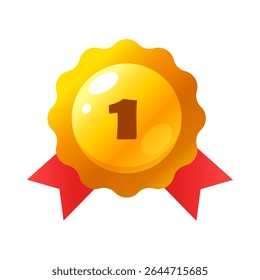 Golden number one award medal with red ribbon isolated on white background.	