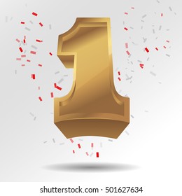 Golden Number One with confetti. Vector illustration