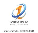 Golden number one emblem. Blue orbital swooshes. Professional business logo. First place award. Leadership identity.