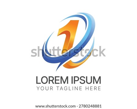 Golden number one emblem. Blue orbital swooshes. Professional business logo. First place award. Leadership identity.