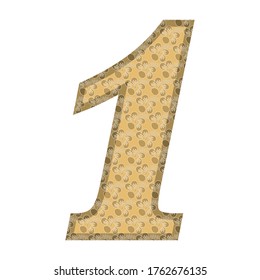 Golden Número Uno. Número Uno Con Ilustración Del Vector De Patrón De Flores. Número Uno Con Textura De Flor Aislada En Fondo Blanco