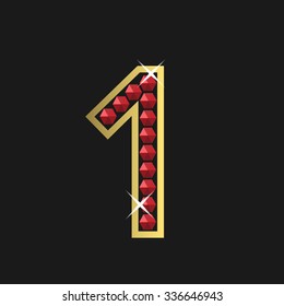 Golden number one symbol with red jewels. Luxury, royal concept. Vector illustration