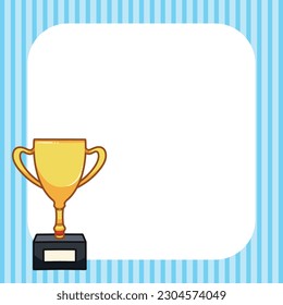 Golden number one trophy outlined cartoon vector illustration with white copy space for text isolated on blue striped square background. Empty negative space  for cover title design or poster.