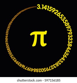 Golden number Pi. Hundred digits of the constant forming an orange-yellow colored circle. Value of infinite number Pi accurate to ninety-nine decimal places. Illustration on black background. Vector.