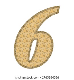 Número de oro seis. Número Seis Con Ilustración Del Vector De Patrón De Flor. Número Seis Con Textura De Flor Aislada En Fondo Blanco