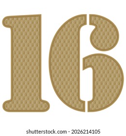 Golden Number Sixteen With 3D Pattern Vector Illustration. Number 16 With Geometric Texture Isolated On White Background
