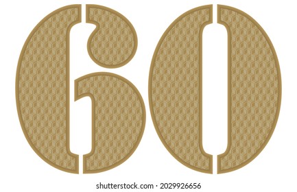 Goldene Nummer 60 mit 3D-Muster-Vektorgrafik. Nummer 60 mit geometrischer Struktur einzeln auf weißem Hintergrund
