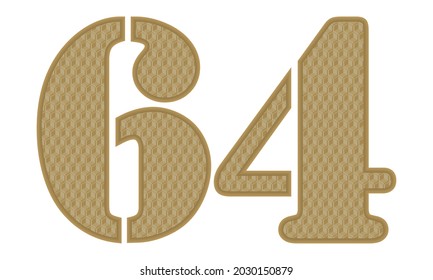 Goldene Nummer 64 mit 3D-Muster-Vektorgrafik. Nummer 64 mit geometrischer Struktur einzeln auf weißem Hintergrund
