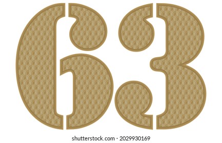 Golden Number Sixty Three With 3D Pattern Vector Illustration. Number 63 With Geometric Texture Isolated On White Background
