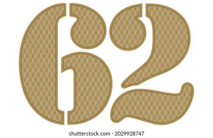 Número De Oro Sesenta Y Dos Con Ilustración Del Vector De Patrón 3D. Número 62 Con Textura Geométrica Aislada En Fondo Blanco
