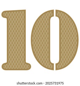 Golden Number Ten With 3D Pattern Vector Illustration. Number 10 With Geometric Texture Isolated On White Background
