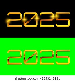 Golden number text 2025 on green screen and black background. Happy new year