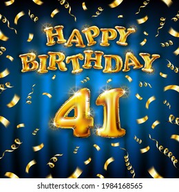 Golden number thirty nine metallic balloon. Happy Birthday message made of golden inflatable balloon. 39 number letters on blue background. fly gold ribbons with confetti. vector illustration