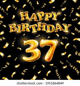 Golden number thirty seven metallic balloon. Happy Birthday message made of golden inflatable balloon. 37 number letters on black background. fly gold ribbons with confetti. vector illustration art