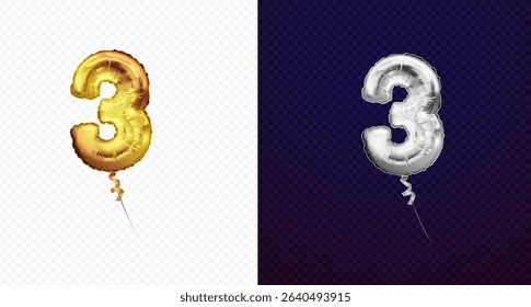 Golden number three 3 metallic balloon. Party decoration golden balloons. Anniversary sign for happy holiday, celebration, birthday, carnival, new year. Metallic design balloon.