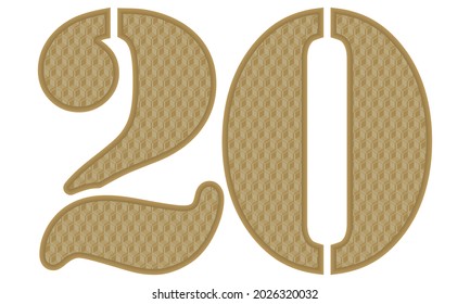 Golden Number Twenty With 3D Pattern Vector Illustration. Number 20 With Geometric Texture Isolated On White Background
