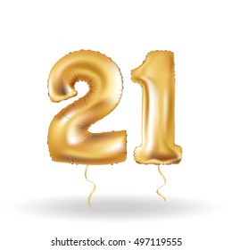 Golden number twenty one metallic balloon. Party decoration golden balloons. Anniversary sign for happy holiday, celebration, birthday, carnival, new year. Metallic design balloon.