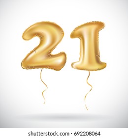 Golden number twenty one metallic balloon. Party decoration golden balloons. Anniversary sign for happy holiday, celebration, birthday, carnival, new year. 21 Metallic design balloon. art svg