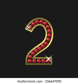 Golden number two symbol with red jewels. Luxury, royal concept. Vector illustration