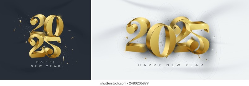 Ilustración vectorial dorada. Feliz año nuevo 2025 diseño con números de fantasía. Diseño de Vector Premium para el saludo, celebración, Anuncio, cartel e invitación.