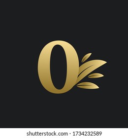 Golden Number Zero logo with gold leaves. Natural number 0 logo with gold leaf.
