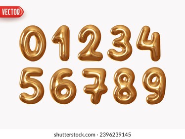 Golden numbers from 0 to 9. Collection of voluminous inflated numbers from gold metal. Set  bold gold number symbols 1, 2, 3, 4, 5, 6, 7, 8, 9, 0. Realistic 3d design. vector illustration