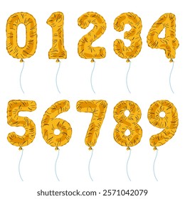 Golden numbers 0-9. Balloons for party, birthday or anniversary.  Vector cartoon numbers set isolated on a white background.