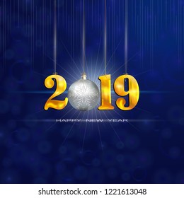 Golden numbers 2019 with silver christmas ball on an abstract dark background. Merry Christmas and Happy New Year 2019. 