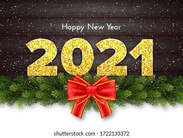 Golden numbers 2021 on wood background. Fir tree branches garland and red bow. Holiday gift card Happy New Year. Vector template illustration.