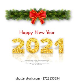 Golden numbers 2021 with reflection and shadow on white background. Holiday gift card Happy New Year with fir tree branches garland and bow. Celebration decor. Vector template illustration.