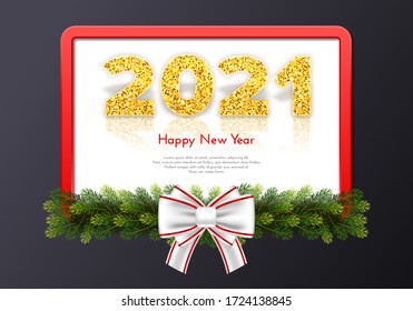 Golden numbers 2021 with reflection and shadow. Holiday gift frame Happy New Year with fir tree branches garland and bow. Celebration decor. Vector template illustration.