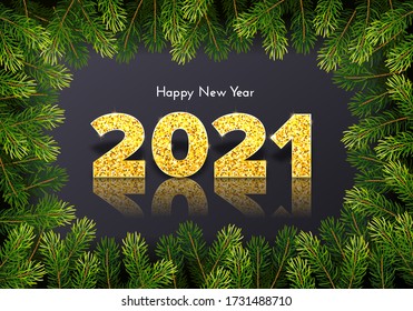 Golden numbers 2021 with reflection and shadow. Holiday gift card Happy New Year with fir tree branches. Vector template illustration.