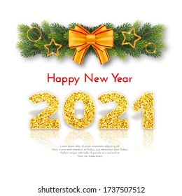 Golden numbers 2021 with reflection and shadow on white background. Holiday gift card Happy New Year with fir tree branches garland and bow. Celebration decor. Vector template illustration.