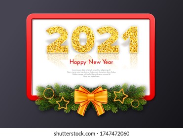 Golden numbers 2021 with reflection and shadow. Holiday gift frame Happy New Year with fir tree branches garland and bow. Celebration decor. Vector template illustration.