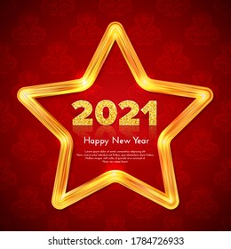 Números dorados 2021 con reflexión y sombra sobre fondo blanco. Tarjeta de regalo de vacaciones Feliz Año Nuevo con ramas de abeto y arco. Decoración de celebraciones. Ilustración de plantilla de vector.