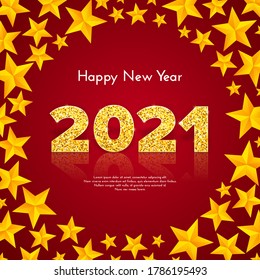 Golden numbers 2021 with reflection and shadow on red background. Holiday gift card Happy New Year with stars wreath. Celebration decor. Vector template illustration.