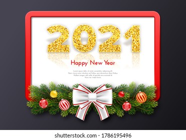 Golden numbers 2021 with reflection and shadow. Holiday gift frame Happy New Year with fir tree branches garland and bow. Celebration decor. Vector template illustration.