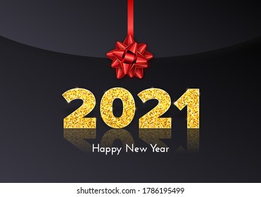 Golden numbers 2021 with reflection and shadow on balck envelope. Holiday gift letter Happy New Year with red bow. Celebration decor. Vector template illustration.
