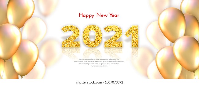 Golden numbers 2021 with reflection and shadow on white background. Holiday gift card Happy New Year with shiny ballooons. Celebration decor. Vector template illustration.