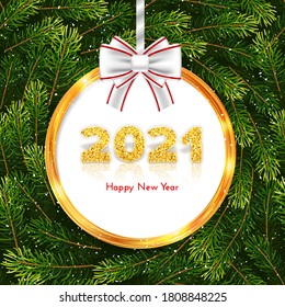 Golden numbers 2021 with reflection and shadow on fir tree branches wreath background. Holiday gift card Happy New Year with gold frame and white bow. Celebration decor. Vector template illustration.