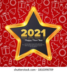 Golden numbers 2021 with reflection and shadow. Holiday gift card Happy New Year with gold star frame and traditional icons background. Celebration decor. Vector template illustration.