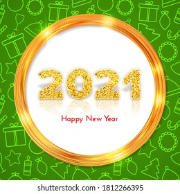 Números dorados 2021 con reflexión y sombra sobre fondo blanco. Tarjeta de regalo de vacaciones Feliz Año Nuevo con marco brillante de oro. Decoración de celebraciones. Ilustración de plantilla de vector.